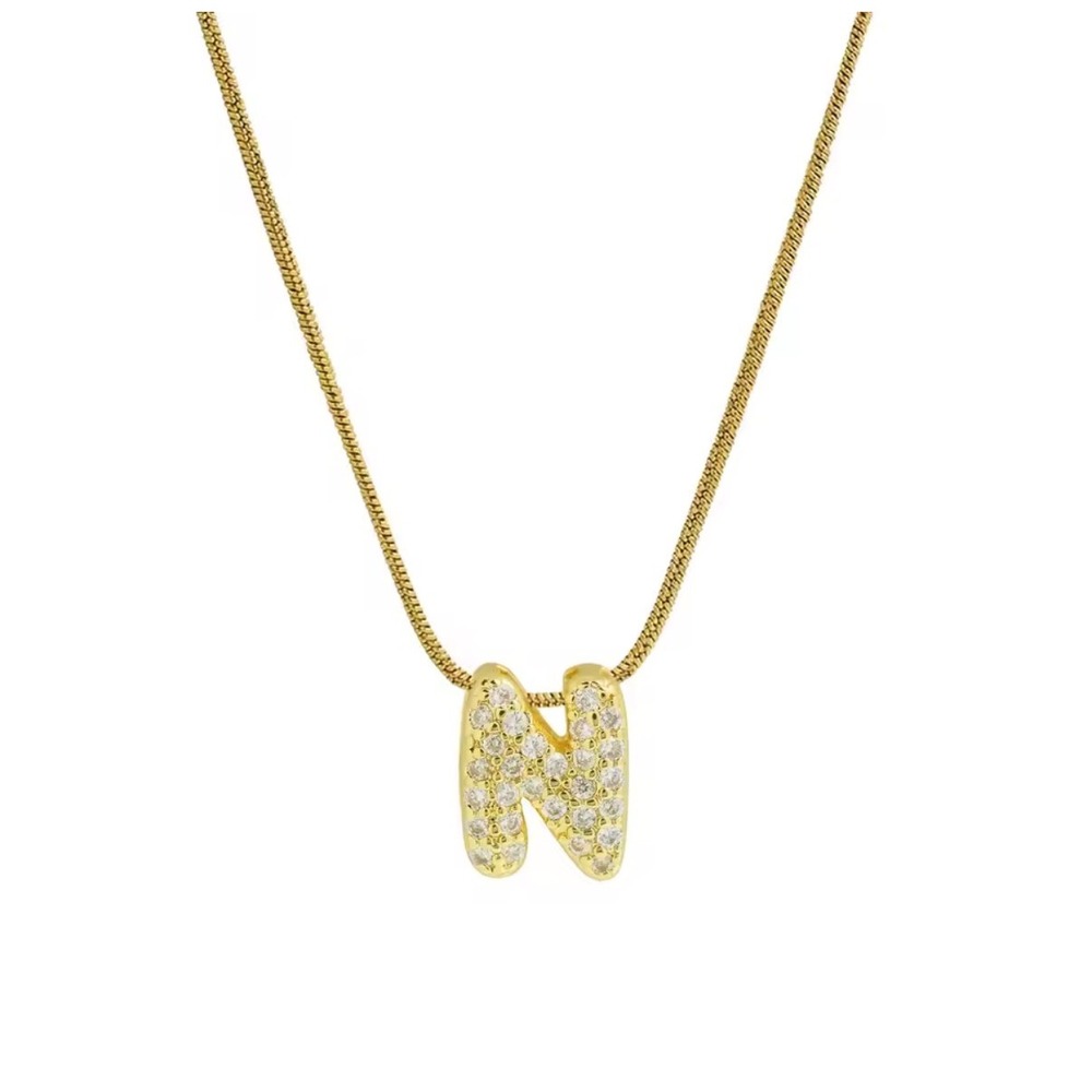 18 k‎ Gold Pave Initial N Necklace Bubble Letter Pendant Cubic Zirconia